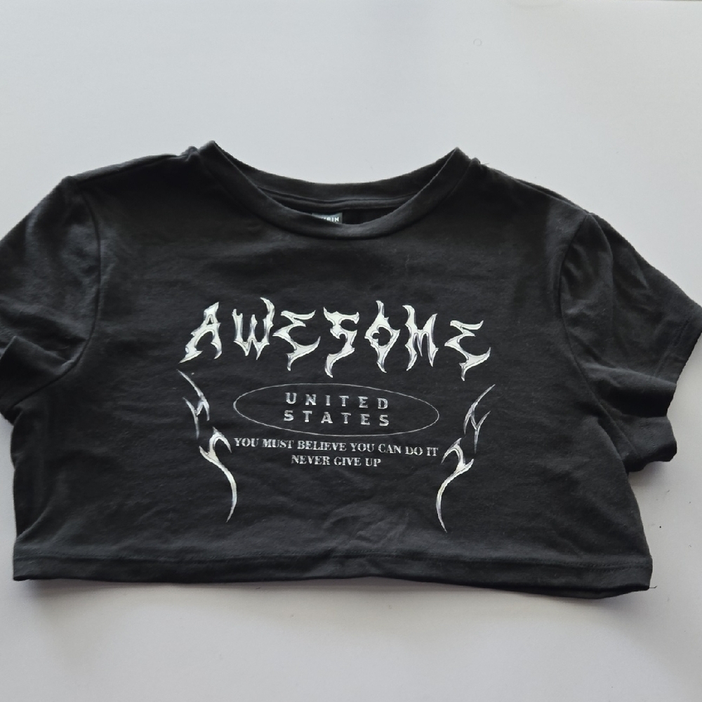 SHEIN Black Graphic Crop Tee with White Lettering